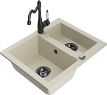 Mexen Carlos 1.5-bowl granite sink with Carla kitchen faucet, beige - 6518-69-670700-70
