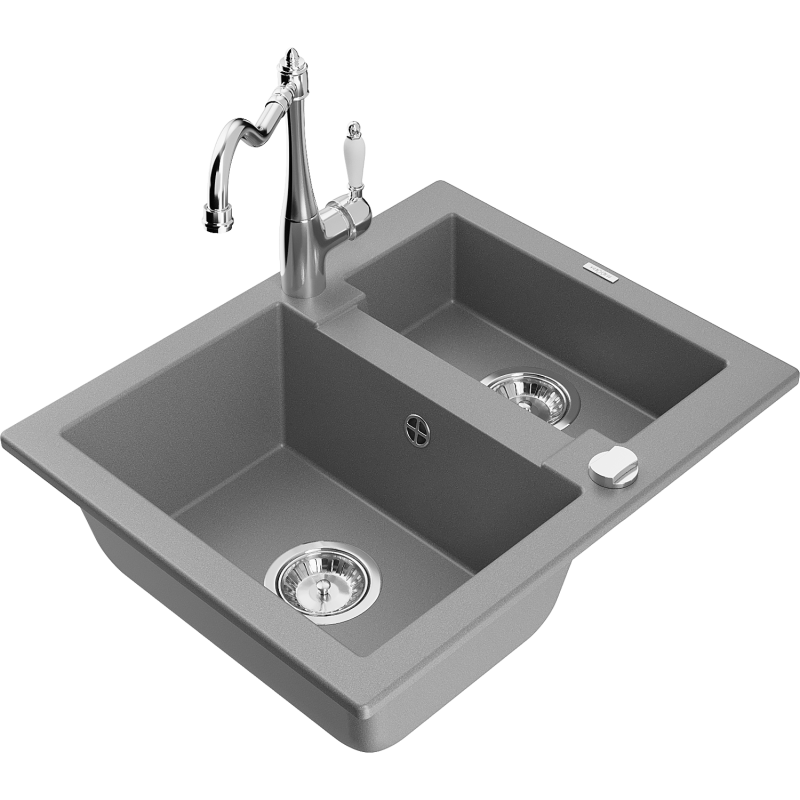 Mexen Carlos 1,5-compartment granite sink with a kitchen mixer tap Carla, Grey - 6518-71-670700-00