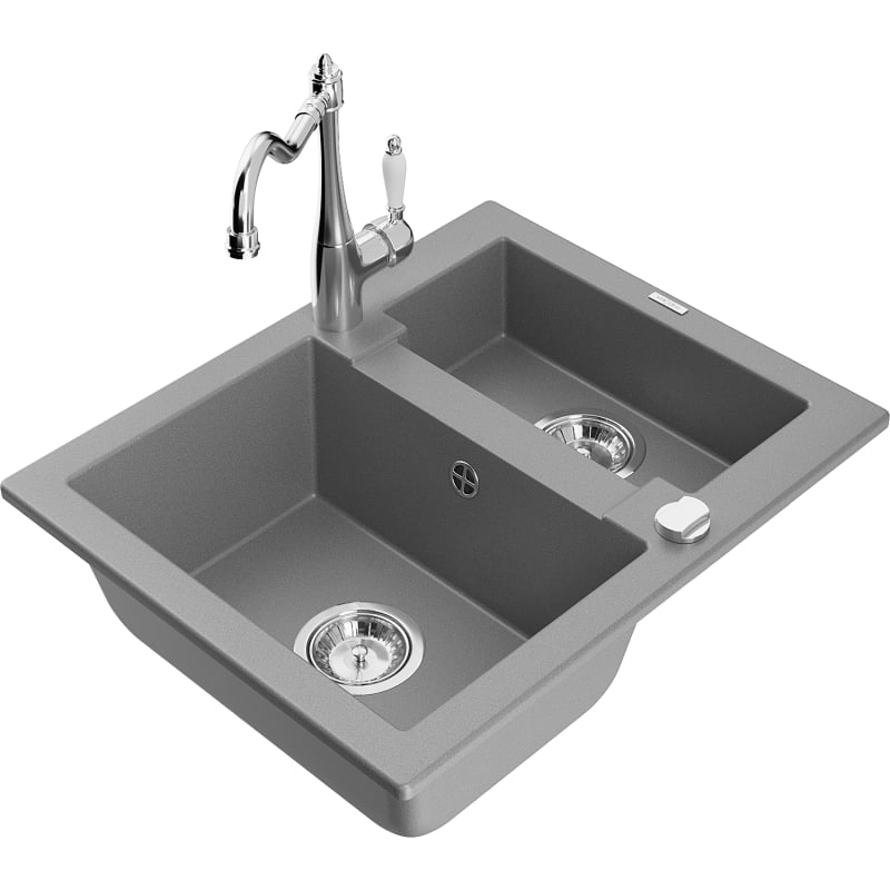 Mexen Carlos granit sink 1.5-bowl with kitchen faucet Carla, gray - 6518-71-670700-00