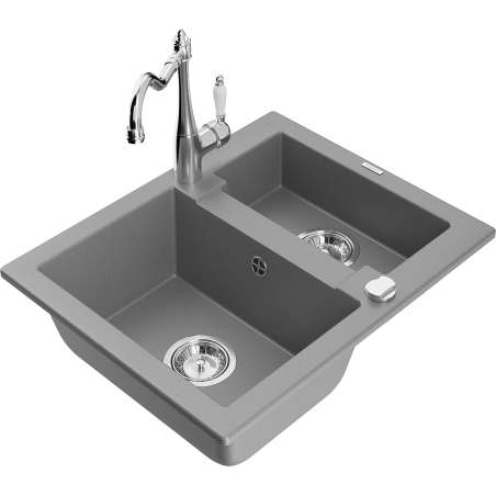 Mexen Carlos granit sink 1.5-bowl with kitchen faucet Carla, gray - 6518-71-670700-00