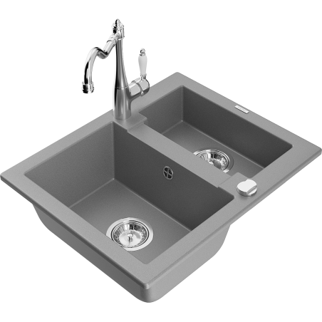 Mexen Carlos granite sink 1.5-bowl with Carla kitchen faucet, gray - 6518-71-670700-00
