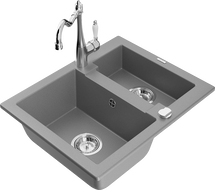 Mexen Carlos granite sink 1.5-bowl with Carla kitchen faucet, gray - 6518-71-670700-00