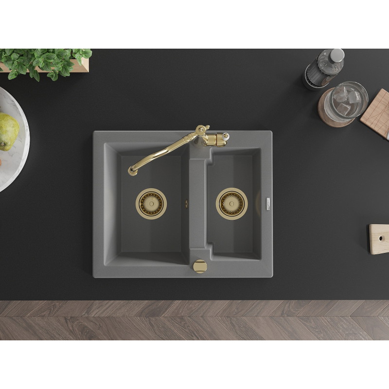 Mexen Carlos 1.5-bowl granite sink with Carla kitchen faucet, gray - 6518-71-670700-50