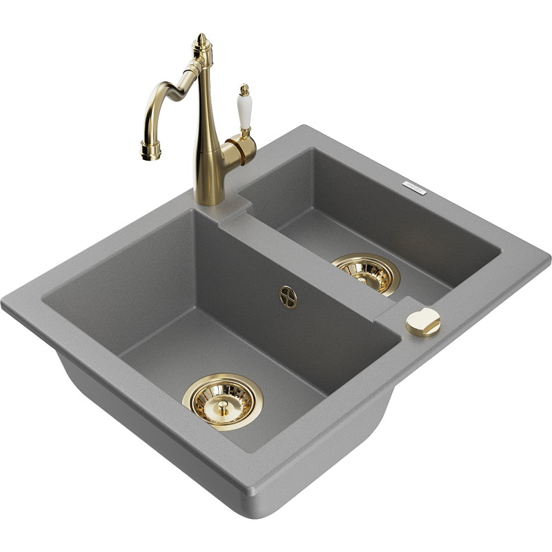 Mexen Carlos 1.5-bowl granite sink with Carla kitchen faucet, gray - 6518-71-670700-50