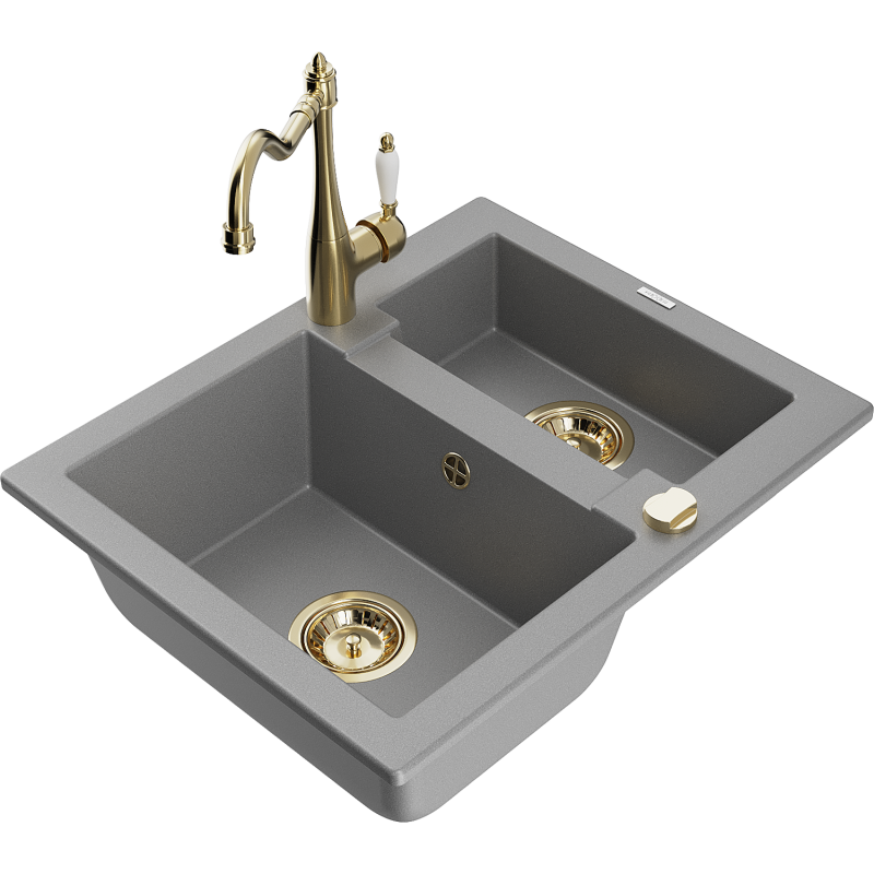 Mexen Carlos granite sink 1.5-bowl with Carla kitchen tap, grey - 6518-71-670700-50
