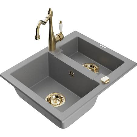 Mexen Carlos 1.5-bowl granite sink with Carla kitchen faucet, gray - 6518-71-670700-50