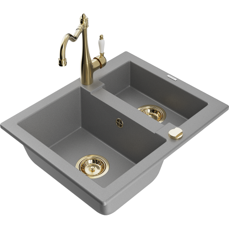 Mexen Carlos granite sink 1.5-bowl with Carla kitchen tap, grey - 6518-71-670700-50
