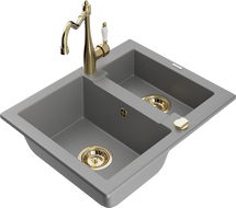 Mexen Carlos 1,5-compartment granite sink with a kitchen mixer tap Carla, Grey - 6518-71-670700-50