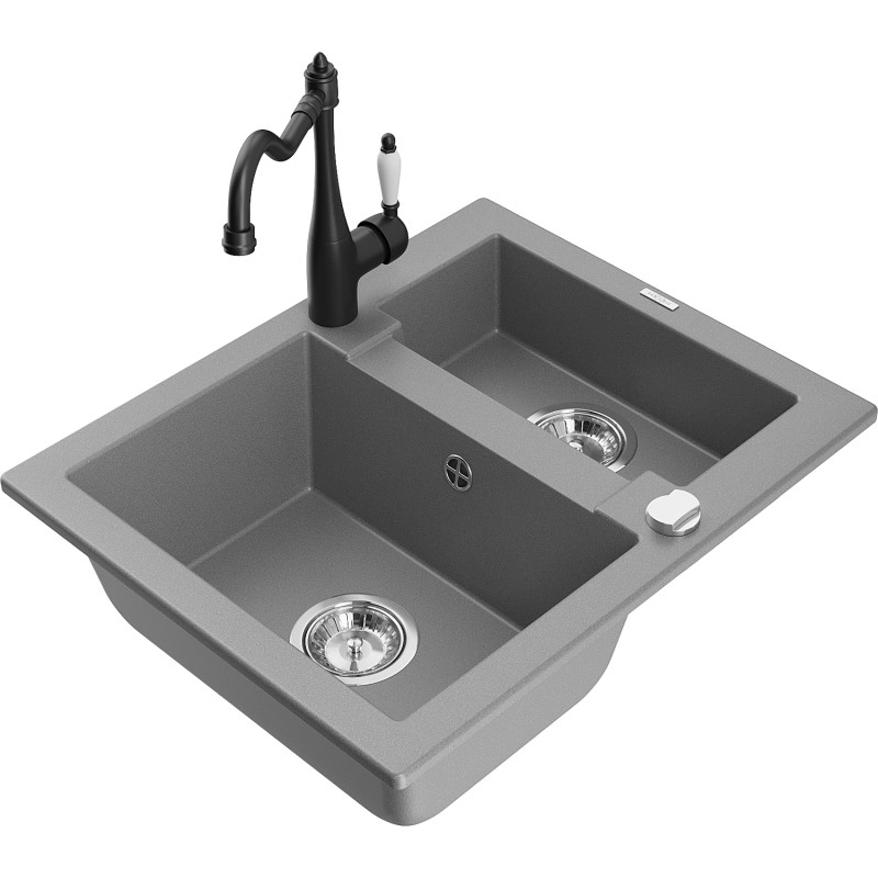 Mexen Carlos 1.5-bowl granite sink with Carla kitchen faucet, gray - 6518-71-670700-70