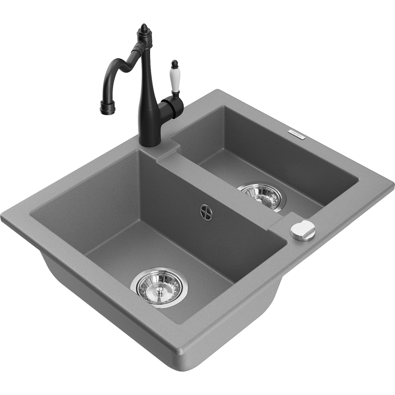 Mexen Carlos 1,5-compartment granite sink with a kitchen mixer tap Carla, Grey - 6518-71-670700-70