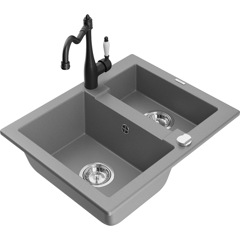 Mexen Carlos granite sink with 1.5 bowl and Carla kitchen tap, grey - 6518-71-670700-70