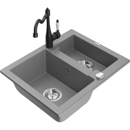 Mexen Carlos 1.5-bowl granite sink with Carla kitchen faucet, gray - 6518-71-670700-70