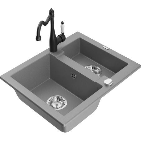 Mexen Carlos granite sink with 1.5 bowl and Carla kitchen tap, grey - 6518-71-670700-70