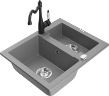 Mexen Carlos 1,5-compartment granite sink with a kitchen mixer tap Carla, Grey - 6518-71-670700-70