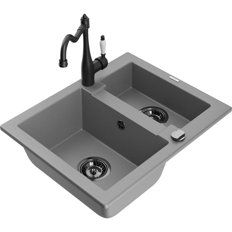 Mexen Carlos 1.5-Bowl Granite Sink with Carla Kitchen Tap, Grey - 6518-71-670700-70-B