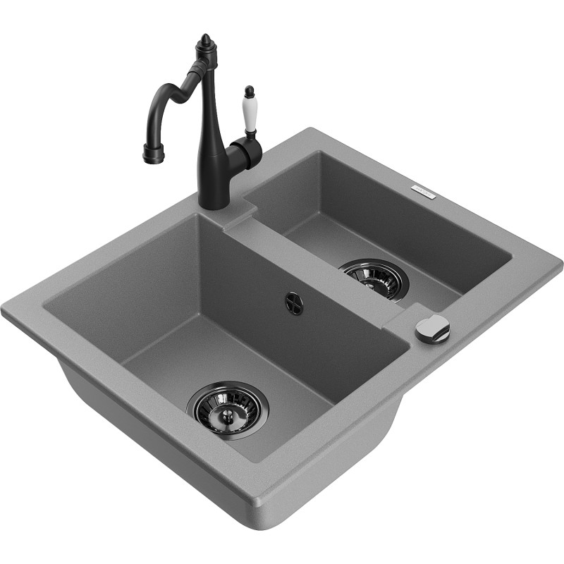 Mexen Carlos 1.5-bowl granite sink with kitchen faucet Carla, gray - 6518-71-670700-70-B