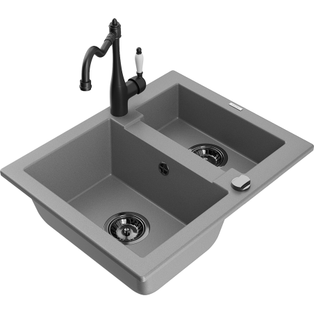 Mexen Carlos 1.5-Bowl Granite Sink with Carla Kitchen Tap, Grey - 6518-71-670700-70-B