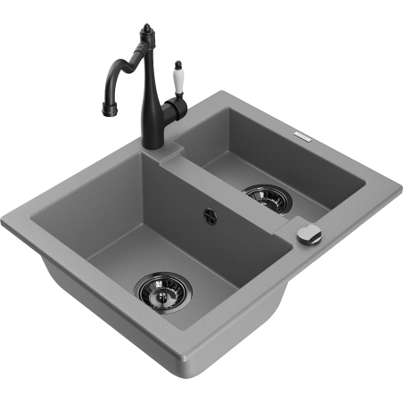 Mexen Carlos 1.5-bowl granite sink with kitchen faucet Carla, gray - 6518-71-670700-70-B