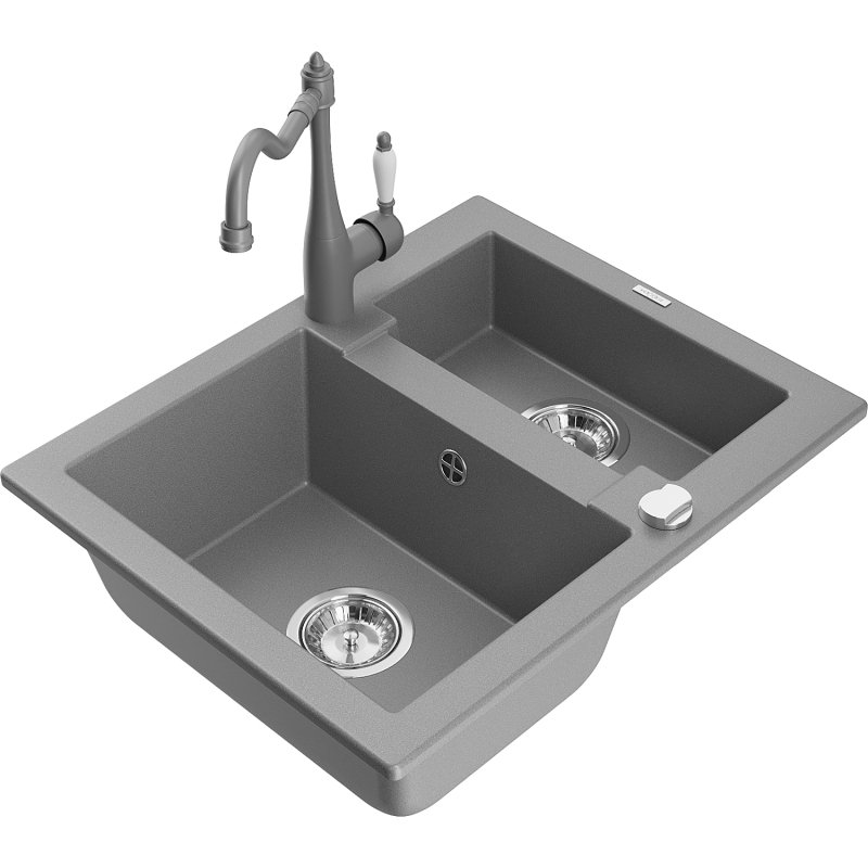 Mexen Carlos granite sink 1.5-bowl with kitchen tap Carla, grey - 6518-71-670700-71