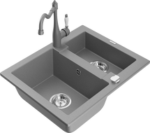 Mexen Carlos 1,5-compartment granite sink with a kitchen mixer tap Carla, Grey - 6518-71-670700-71