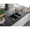 Mexen Carlos granite sink 1.5-bowl with Carla kitchen faucet, black/silver metallic - 6518-73-670700-00