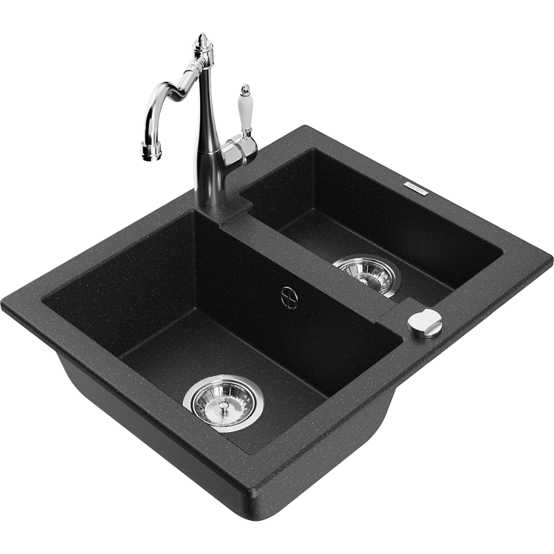 Mexen Carlos granite sink 1.5-bowl with Carla kitchen tap, black/silver metallic - 6518-73-670700-00