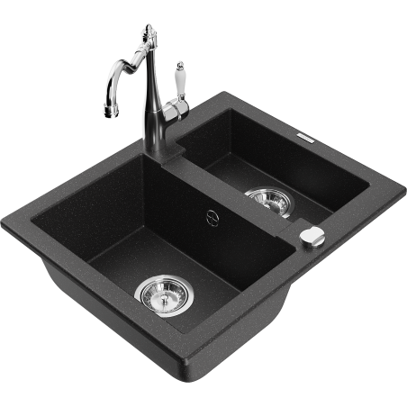 Mexen Carlos 1.5-bowl granite sink with kitchen faucet Carla, black/silver metallic - 6518-73-670700-00