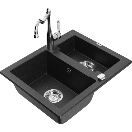 Mexen Carlos granite sink 1.5-bowl with Carla kitchen tap, black/silver metallic - 6518-73-670700-00