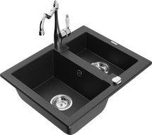 Mexen Carlos granite sink 1.5-bowl with Carla kitchen tap, black/silver metallic - 6518-73-670700-00