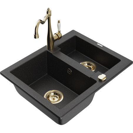 Mexen Carlos 1.5-bowl granite sink with kitchen faucet Carla, black/silver metallic - 6518-73-670700-50