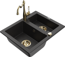 Mexen Carlos granite sink 1.5-bowl with Carla kitchen faucet, black/silver metallic - 6518-73-670700-50