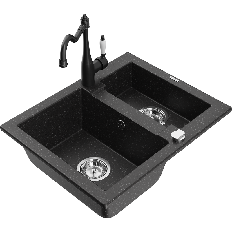 Mexen Carlos granite sink 1.5-bowl with Carla kitchen tap, black/silver metallic - 6518-73-670700-70