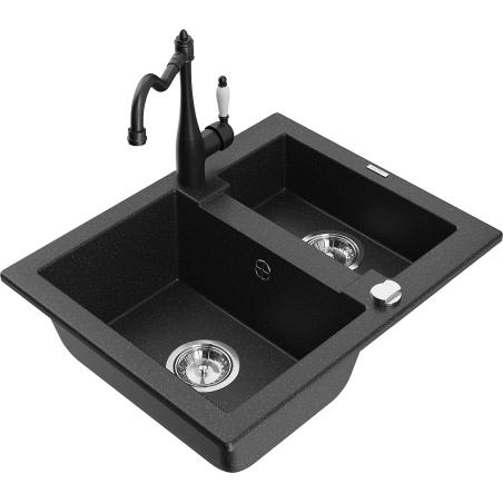 Mexen Carlos granite sink 1.5-bowl with kitchen faucet Carla, black/silver metallic - 6518-73-670700-70