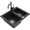 Mexen Carlos granite sink 1.5-bowl with Carla kitchen tap, black/silver metallic - 6518-73-670700-70