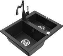 Mexen Carlos granite sink 1.5-bowl with Carla kitchen tap, black/silver metallic - 6518-73-670700-70