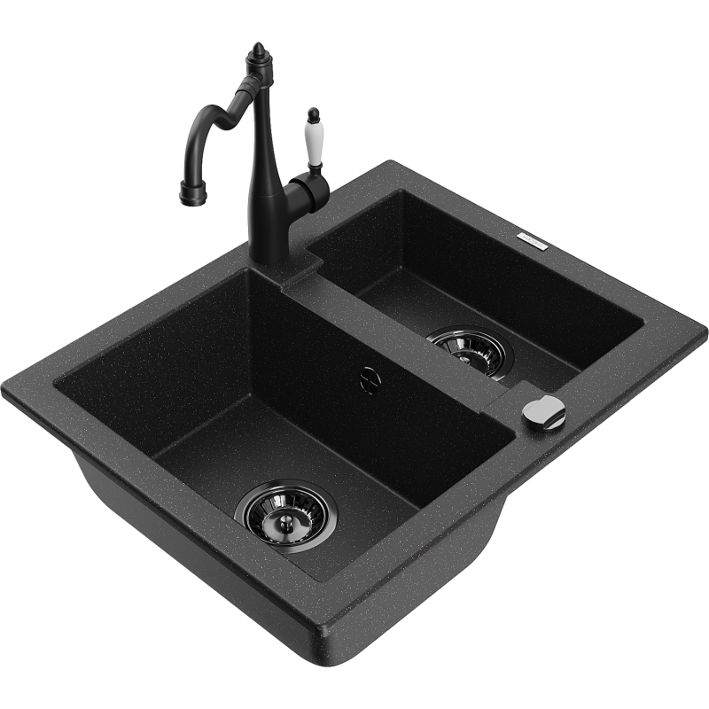 Mexen Carlos 1,5-compartment granite sink with a kitchen mixer tap Carla, Black/Silver metallic - 6518-73-670700-70-B