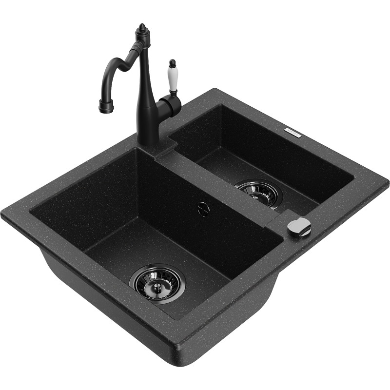 Mexen Carlos granite sink 1.5-bowl with Carla kitchen faucet, black/silver metallic - 6518-73-670700-70-B