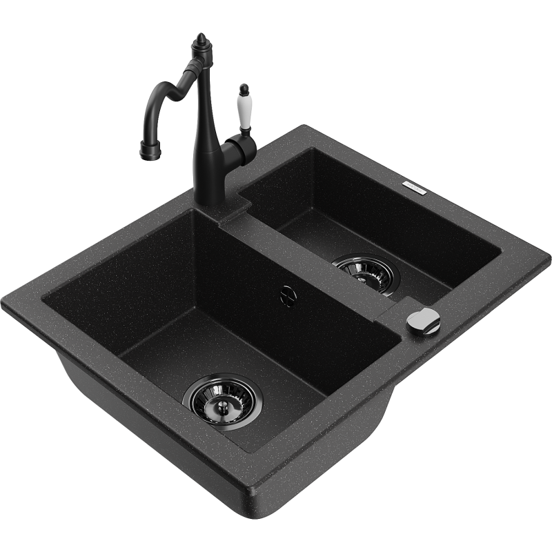 Mexen Carlos granite sink 1.5-bowl with Carla kitchen tap, black/silver metallic - 6518-73-670700-70-B