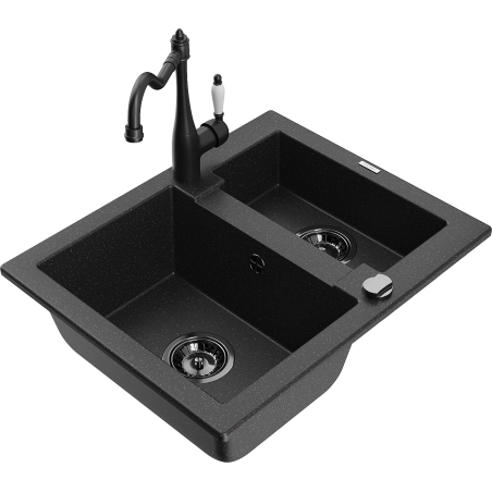 Mexen Carlos granite sink 1.5-bowl with Carla kitchen faucet, black/silver metallic - 6518-73-670700-70-B