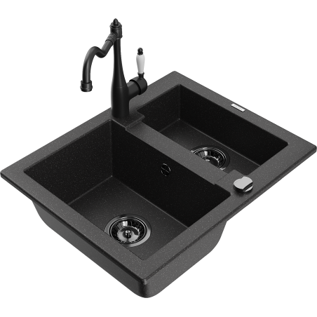 Mexen Carlos granite sink 1.5-bowl with Carla kitchen tap, black/silver metallic - 6518-73-670700-70-B