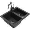 Mexen Carlos granite sink 1.5-bowl with Carla kitchen tap, black/silver metallic - 6518-73-670700-70-B