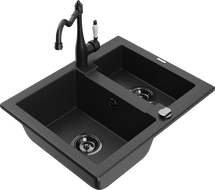 Mexen Carlos granite sink 1.5-bowl with Carla kitchen tap, black/silver metallic - 6518-73-670700-70-B