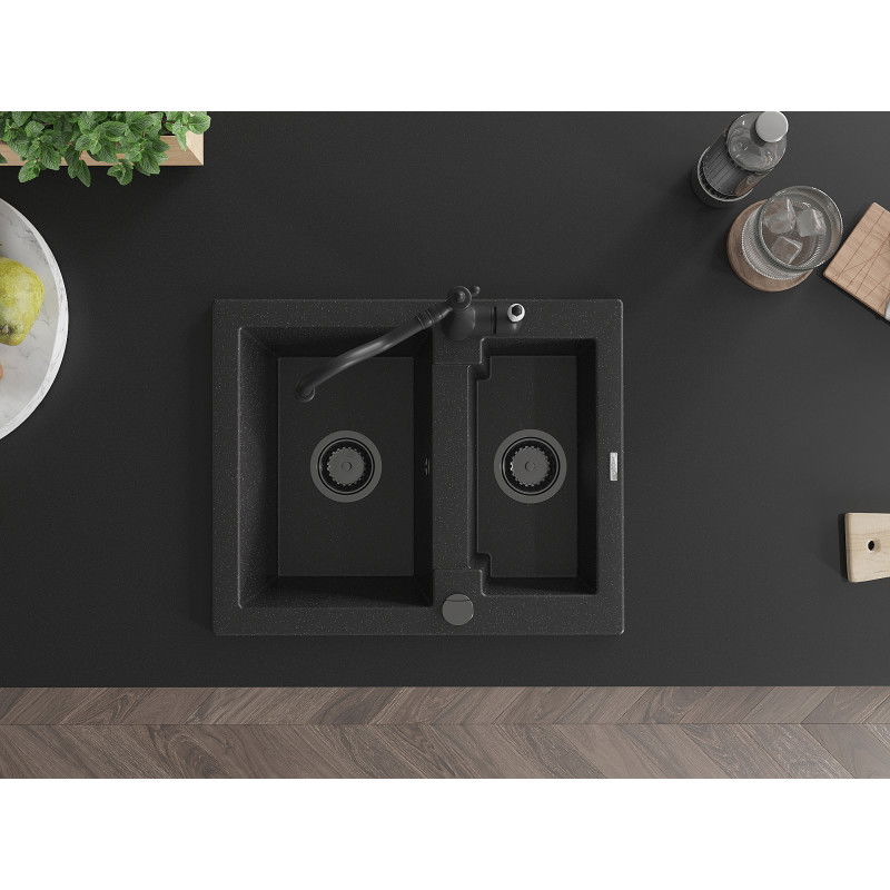 Mexen Carlos granite sink 1.5-bowl with Carla kitchen tap, black/silver metallic - 6518-73-670700-70-B