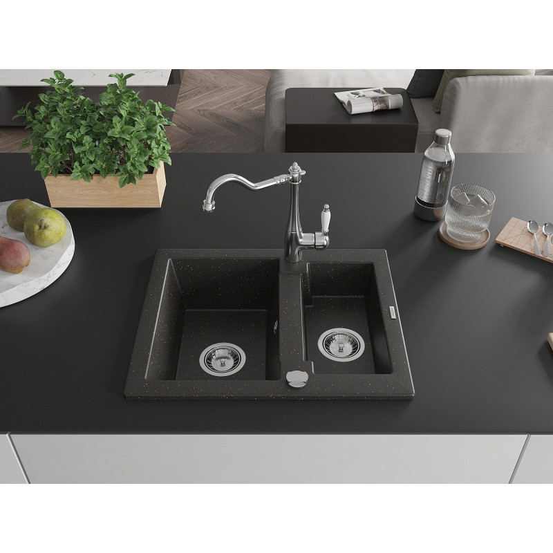 Mexen Carlos 1.5-bowl granite sink with kitchen faucet Carla, black/gold metallic - 6518-75-670700-00