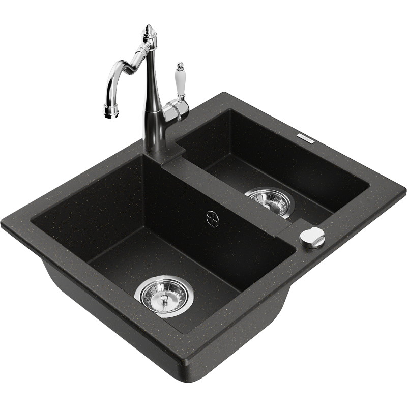 Mexen Carlos 1.5-bowl granite sink with kitchen faucet Carla, black/gold metallic - 6518-75-670700-00