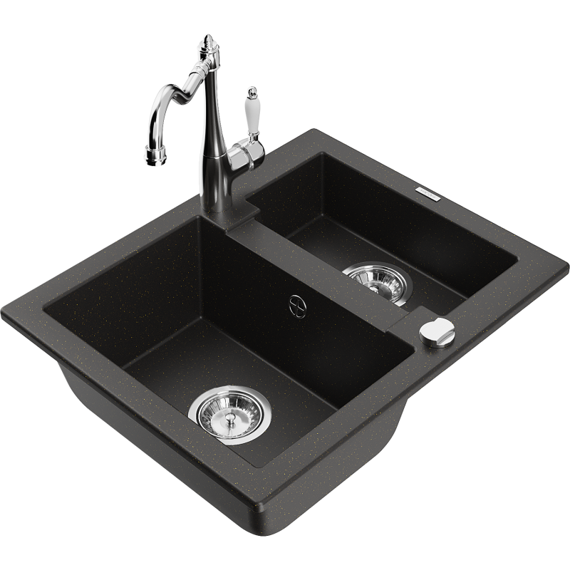 Mexen Carlos granite kitchen sink 1.5-bowl with Carla kitchen tap, black/gold metallic - 6518-75-670700-00