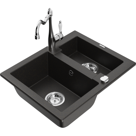 Mexen Carlos granite kitchen sink 1.5-bowl with Carla kitchen tap, black/gold metallic - 6518-75-670700-00