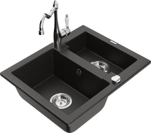 Mexen Carlos granite kitchen sink 1.5-bowl with Carla kitchen tap, black/gold metallic - 6518-75-670700-00