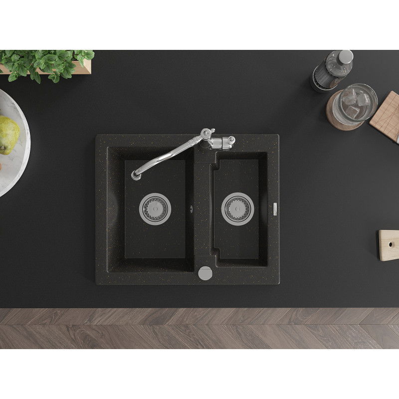 Mexen Carlos granite kitchen sink 1.5-bowl with Carla kitchen tap, black/gold metallic - 6518-75-670700-00