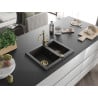 Mexen Carlos granite sink 1.5-bowl with Carla kitchen tap, black/gold metallic - 6518-75-670700-50